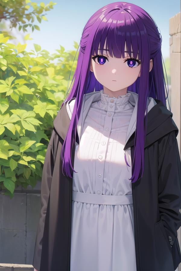 fern, <lora:fernv2-lora-nochekaiser:1>,fern, long hair, bangs, (purple eyes:1.1), purple hair, sidelocks, blunt bangs, (bright pupils:1.5), half updo,BREAK shirt, dress, jacket, white shirt, open clothes, hood, white dress, hood down,BREAK outdoors, sky, nature,BREAK looking at viewer, (cowboy shot:1.5),BREAK <lyco:GoodHands-beta2:1>, (masterpiece:1.2), best quality, high resolution, unity 8k wallpaper, (illustration:0.8), (beautiful detailed eyes:1.6), extremely detailed face, perfect lighting, extremely detailed CG, (perfect hands, perfect anatomy),