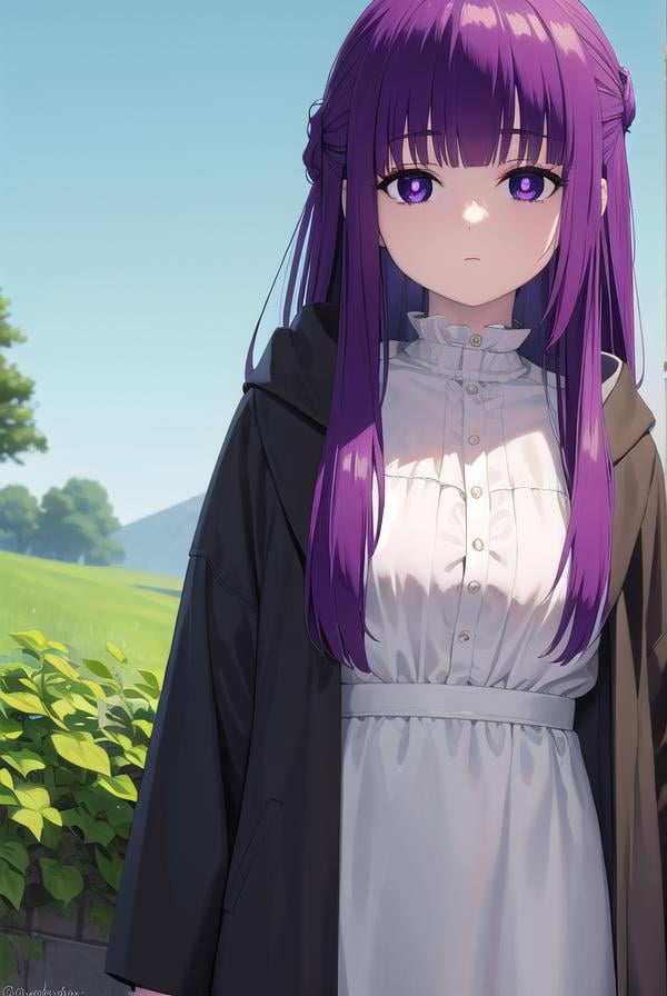 fern, <lora:fernv2-lora-nochekaiser:1>,fern, long hair, bangs, (purple eyes:1.1), purple hair, sidelocks, blunt bangs, (bright pupils:1.5), half updo,BREAK shirt, dress, jacket, white shirt, open clothes, hood, white dress, hood down,BREAK outdoors, sky, nature,BREAK looking at viewer, (cowboy shot:1.5),BREAK <lyco:GoodHands-beta2:1>, (masterpiece:1.2), best quality, high resolution, unity 8k wallpaper, (illustration:0.8), (beautiful detailed eyes:1.6), extremely detailed face, perfect lighting, extremely detailed CG, (perfect hands, perfect anatomy),