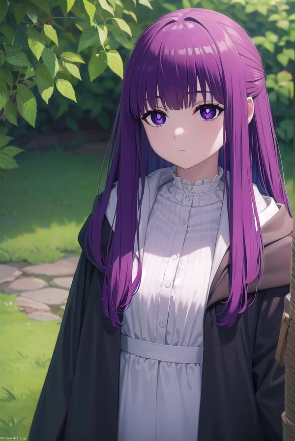 fern, <lora:fernv2-lora-nochekaiser:1>,fern, long hair, bangs, (purple eyes:1.1), purple hair, sidelocks, blunt bangs, (bright pupils:1.5), half updo,BREAK shirt, dress, jacket, white shirt, open clothes, hood, white dress, hood down,BREAK outdoors, sky, nature,BREAK looking at viewer, (cowboy shot:1.5),BREAK <lyco:GoodHands-beta2:1>, (masterpiece:1.2), best quality, high resolution, unity 8k wallpaper, (illustration:0.8), (beautiful detailed eyes:1.6), extremely detailed face, perfect lighting, extremely detailed CG, (perfect hands, perfect anatomy),