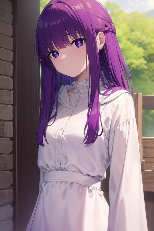 fern, <lora:fernv2-lora-nochekaiser:1>,fern, long hair, bangs, (purple eyes:1.1), purple hair, sidelocks, blunt bangs, (bright pupils:1.5), half updo,BREAK shirt, dress, jacket, white shirt, open clothes, hood, white dress, hood down,BREAK outdoors, sky, nature,BREAK looking at viewer, (cowboy shot:1.5),BREAK <lyco:GoodHands-beta2:1>, (masterpiece:1.2), best quality, high resolution, unity 8k wallpaper, (illustration:0.8), (beautiful detailed eyes:1.6), extremely detailed face, perfect lighting, extremely detailed CG, (perfect hands, perfect anatomy),