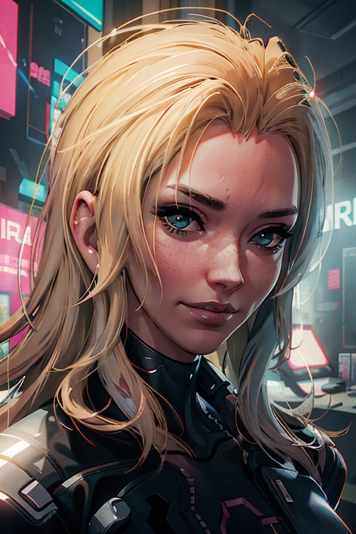 Alt, Cyberpunk, blonde hair, close-up, smile, cyberpunk, bedroom, 