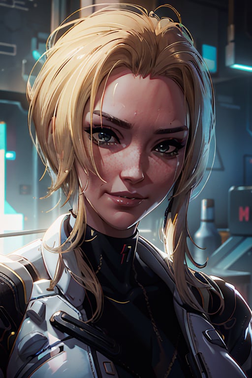 Alt, Cyberpunk, blonde hair, close-up, smile, cyberpunk, bedroom, 