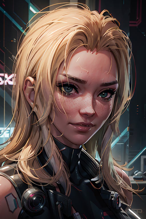 Alt, Cyberpunk, blonde hair, close-up, smile, cyberpunk, bedroom, 