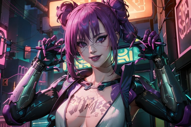 Alt, Cyberpunk, purple hair, white outfit, smile, cyberpunk, club, parrty,music