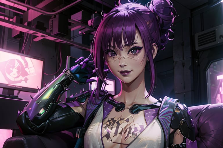 Alt, Cyberpunk, purple hair, white outfit, smile, cyberpunk, club, parrty,music