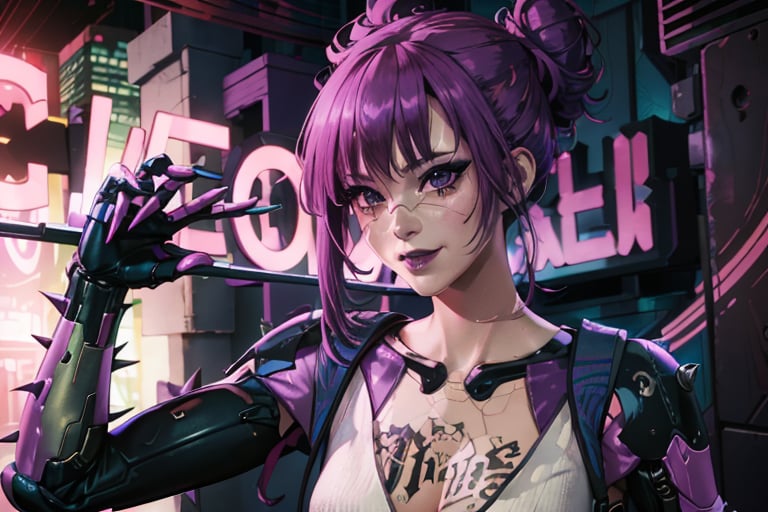 Alt, Cyberpunk, purple hair, white outfit, smile, cyberpunk, club, parrty,music