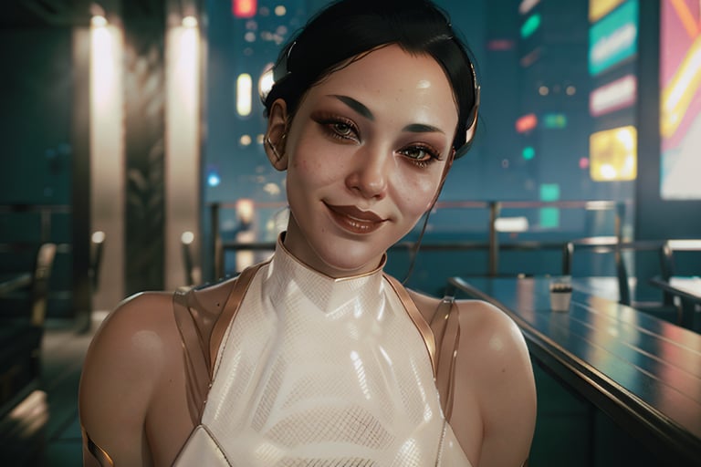 close-up, Cyberpunk,  white outfit, smile, cyberpunk, club, party, naked, tits