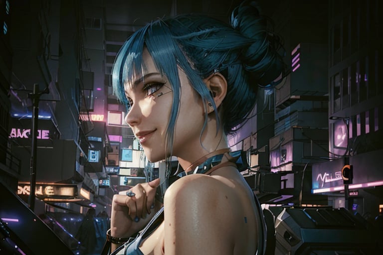 Alt, Cyberpunk,  BLUE HAIR, white outfit, smile, cyberpunk, club, parrty,music