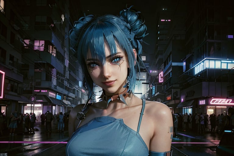 Alt, Cyberpunk,  BLUE HAIR, white outfit, smile, cyberpunk, club, parrty,music