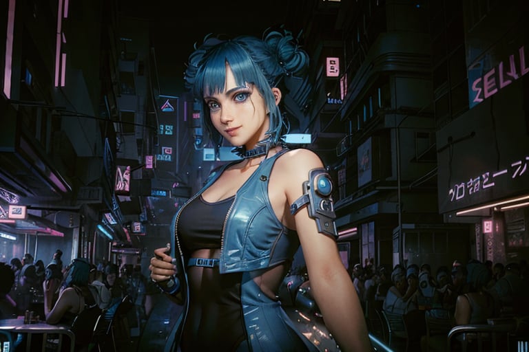 Alt, Cyberpunk,  BLUE HAIR, white outfit, smile, cyberpunk, club, parrty,music