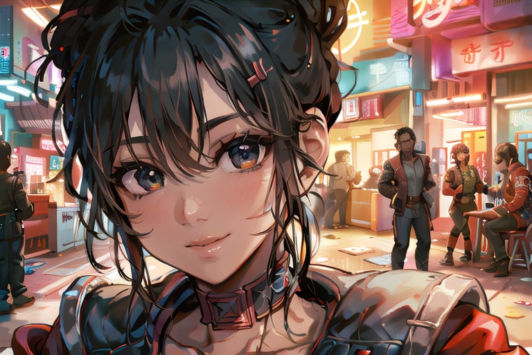 close-up, face, head, Cyberpunk, black skin, smile, party, happy