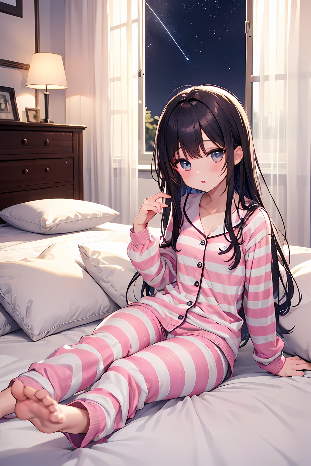 (absurdres, highres, ultra detailed, high resolution: 1.1)
BREAK
1 girl, solo, full body, wide angle,
BREAK
long hair, sleepy eyes, :o,
BREAK
striped pink blue pajamas and pants onesie, striped socks, striped knit night cap,
BREAK
sitting, bed, bedroom, window, night, galaxy, saturn, shooting stars,
BREAK
nice hands, perfect hands,