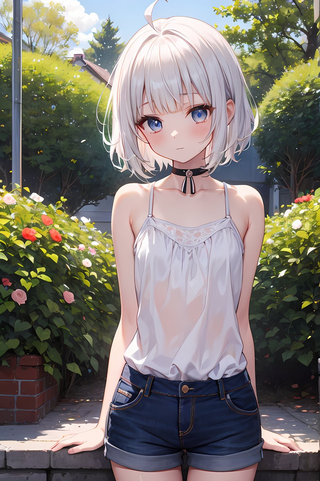 (absurdres, highres, ultra detailed, high resolution: 1.1)
BREAK
1 girl, solo, small breasts, flat chest,
BREAK
white hair, silver hair, puffy hair, short hair, messy hair, ahoge, blunt bangs, blue eyes,
BREAK
yellow camisole, denim short shorts, choker, (thick thighs:0.4),
BREAK
standing, looking at viewer, outdoors, park, garden, trees, flowers, sunny, soft sunlight, morning glow,
BREAK
nice hands, perfect hands,