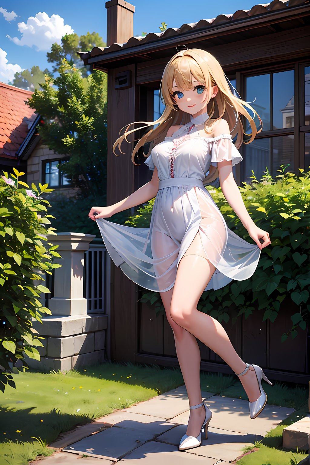 (absurdres, highres, ultra detailed, high resolution: 1.1)
BREAK
1 girl, solo, wide angle, full body, large breasts, smile,
BREAK
blonde hair, bright green eyes,
BREAK
white dress, white high heels,
BREAK
houses, castle, rose field,
BREAK
nice hands, perfect hands,