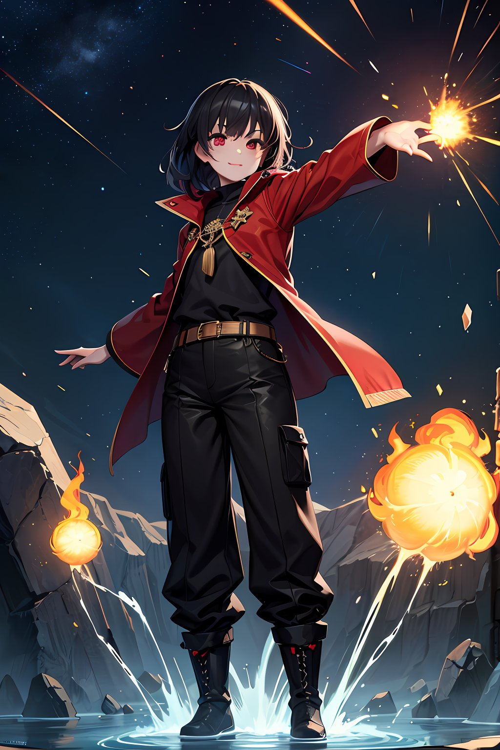 (absurdres, highres, ultra detailed, high resolution: 1.1)
BREAK
1 girl, solo, wide angle, full body, evil smile,
BREAK
black hair, bright red eyes,
BREAK
red mage robes, black baggy pants, black short boots,
BREAK
casting a magic spell, fireball, flying, volcano erupting,river flowing, stars, galaxy, lightning storm, meteor shower,
BREAK
nice hands, perfect hands,