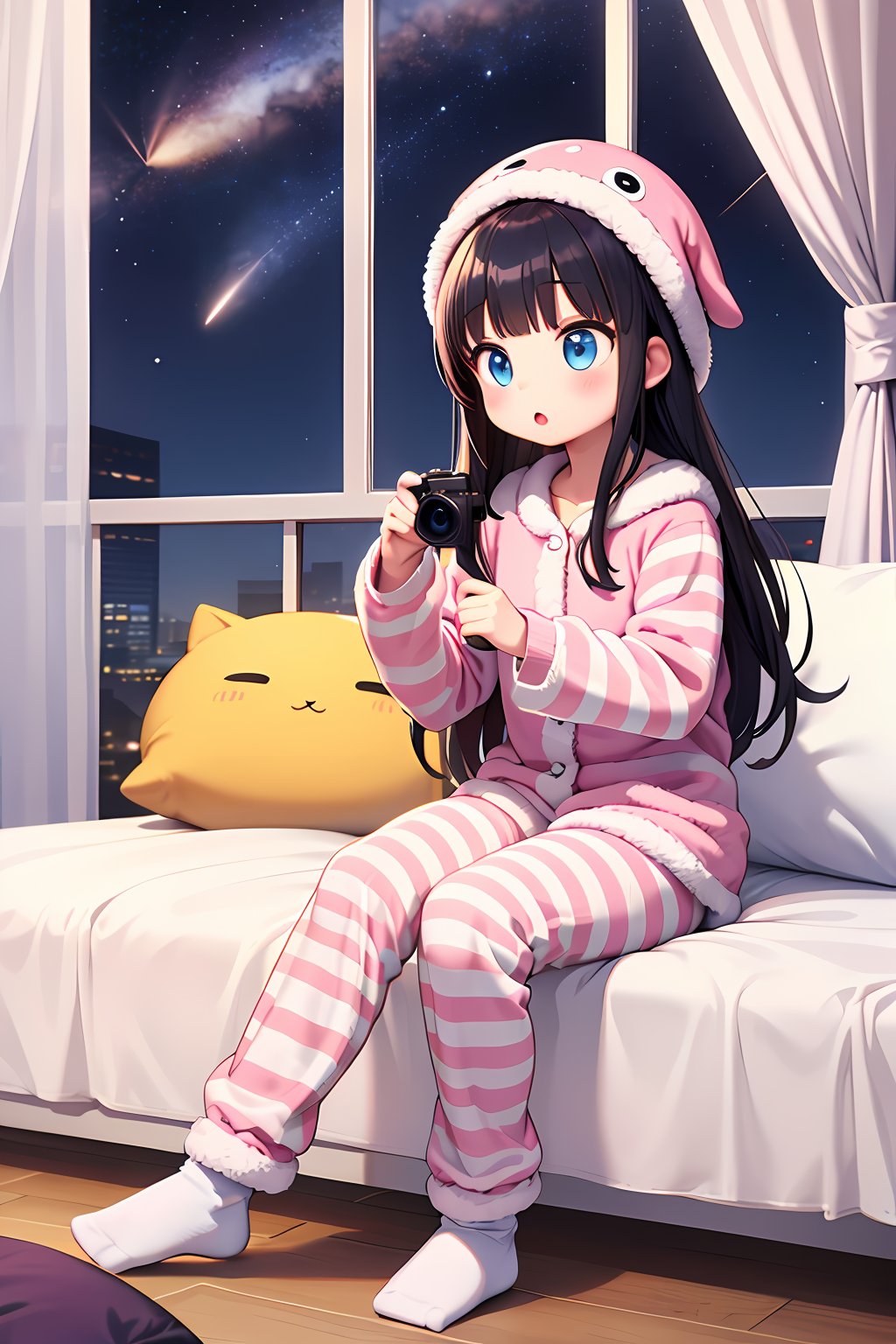 (absurdres, highres, ultra detailed, high resolution: 1.1)
BREAK
1 girl, solo, full body, wide angle,
BREAK
long hair, sleepy eyes, :o,
BREAK
striped pink blue pajamas and pants onesie, striped socks, striped knit night cap,
BREAK
sitting, bed, bedroom, window, night, galaxy, saturn, shooting stars,
BREAK
nice hands, perfect hands,