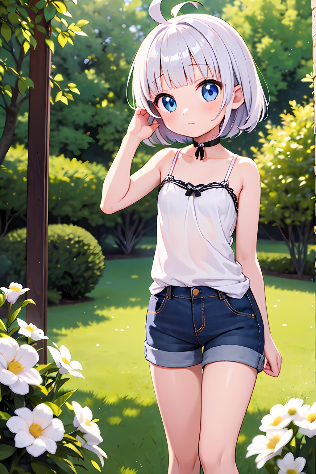 (absurdres, highres, ultra detailed, high resolution: 1.1)
BREAK
1 girl, solo, small breasts, flat chest,
BREAK
white hair, silver hair, puffy hair, short hair, messy hair, ahoge, blunt bangs, blue eyes,
BREAK
(thick thighs:0.4), yellow camisole, denim short shorts, choker,
BREAK
standing, looking at viewer, outdoors, park, garden, trees, flowers, sunny, soft sunlight, morning glow,
BREAK
nice hands, perfect hands,