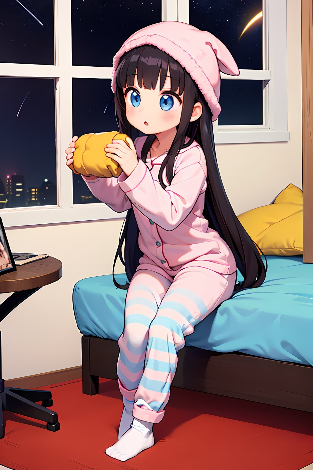 (absurdres, highres, ultra detailed, high resolution: 1.1)
BREAK
1 girl, solo, full body, wide angle,
BREAK
long hair, sleepy eyes, :o,
BREAK
striped pink blue pajamas and pants onesie, striped socks, striped knit night cap,
BREAK
sitting, bed, bedroom, window, night, galaxy, saturn, shooting stars,
BREAK
nice hands, perfect hands,