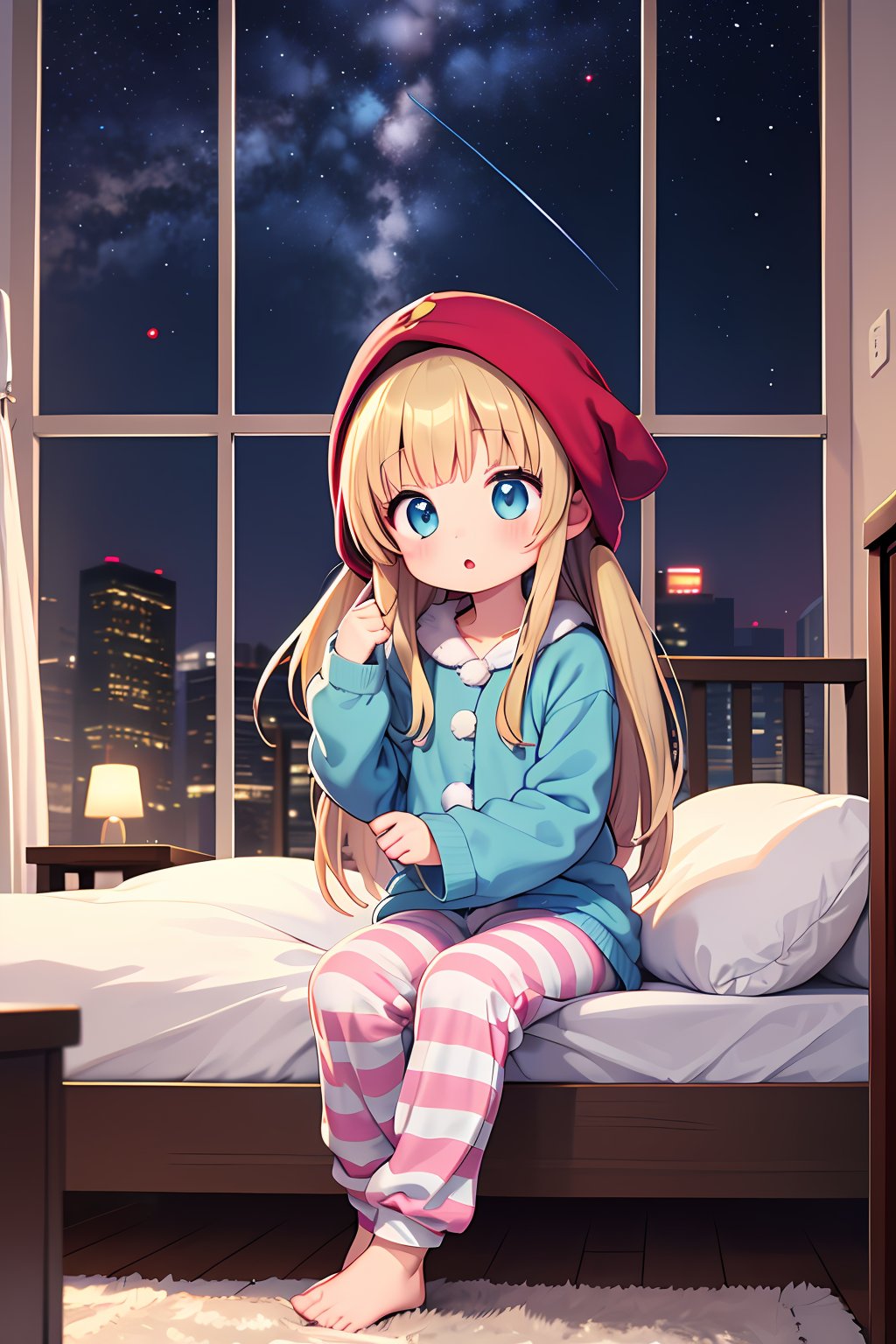 (absurdres, highres, ultra detailed, high resolution: 1.1)
BREAK
1 girl, solo, full body, wide angle,
BREAK
long hair, sleepy eyes, :o,
BREAK
striped pink blue pajamas and pants onesie, striped socks, striped knit night cap,
BREAK
sitting, bed, bedroom, window, night, galaxy, saturn, shooting stars,
BREAK
nice hands, perfect hands,