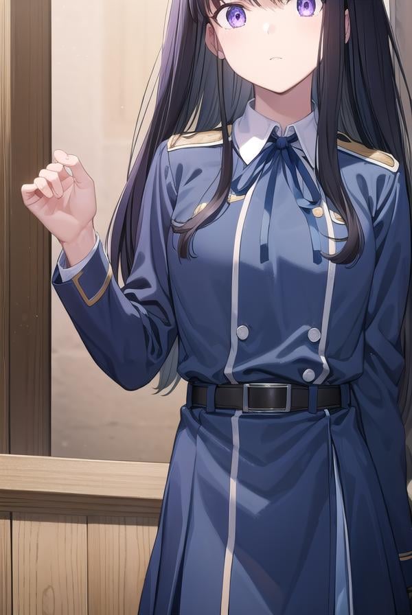 takinainoue, <lora:takinainouechickeiii-lora-nochekaiser:1>, inoue takina, long hair, bangs, black hair, (purple eyes:1.2),BREAK shirt, long sleeves, dress, ribbon, school uniform, white shirt, collared shirt, belt, neck ribbon, blue dress, green ribbon, pleated dress, grey dress, two-tone dress, blue belt, lycoris uniform,BREAK indoors, restaurant,BREAK looking at viewer, (cowboy shot:1.5),BREAK <lyco:GoodHands-beta2:1>, (masterpiece:1.2), best quality, high resolution, unity 8k wallpaper, (illustration:0.8), (beautiful detailed eyes:1.6), extremely detailed face, perfect lighting, extremely detailed CG, (perfect hands, perfect anatomy),