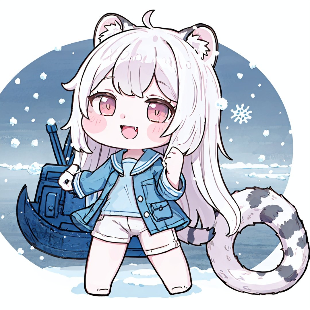 chibi, 1girl, solo blue shirt, blue sailor coat, loli, full body, white hair, snow leopard ear, white background, pink eyes, laugh, happy,