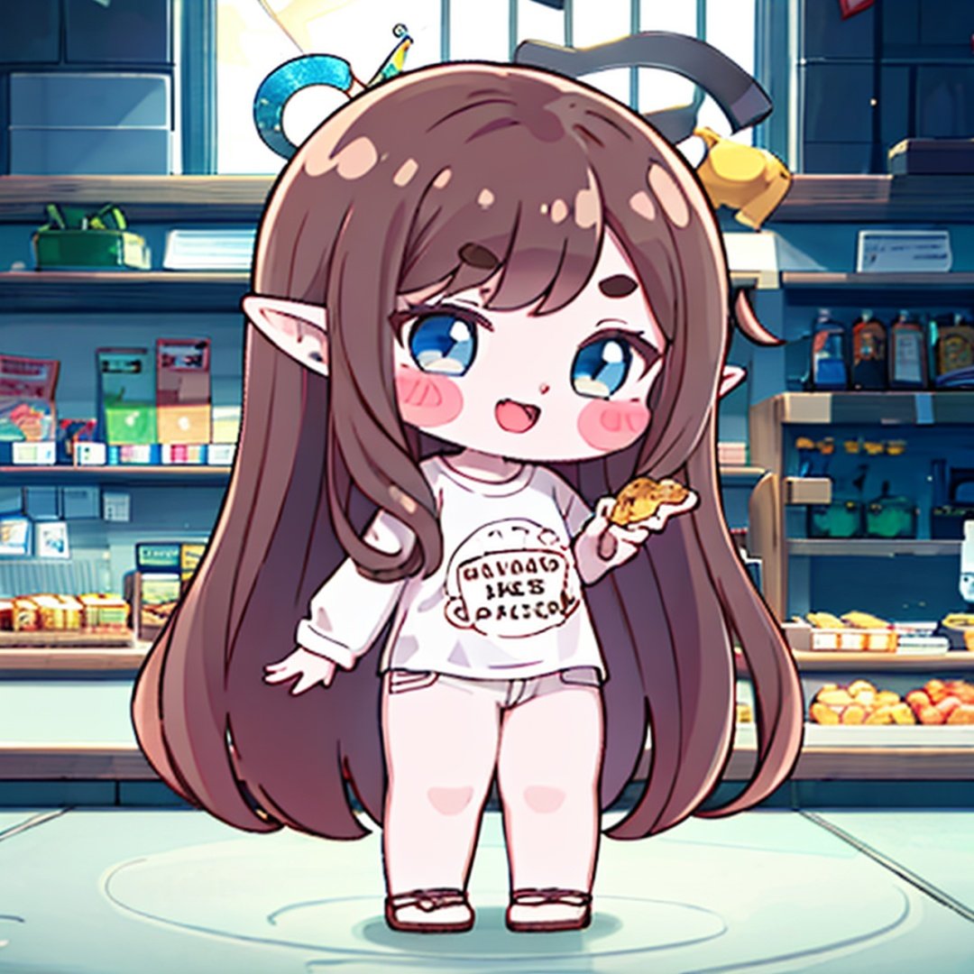  1girl, long hair, solo, blue eyes, smile, brown hair, blush stickers, chibi, looking at viewer, very long hair, indoors, blush, full body, food, bangs, thick eyebrows, open mouth, shirt, standing, pointy ears,