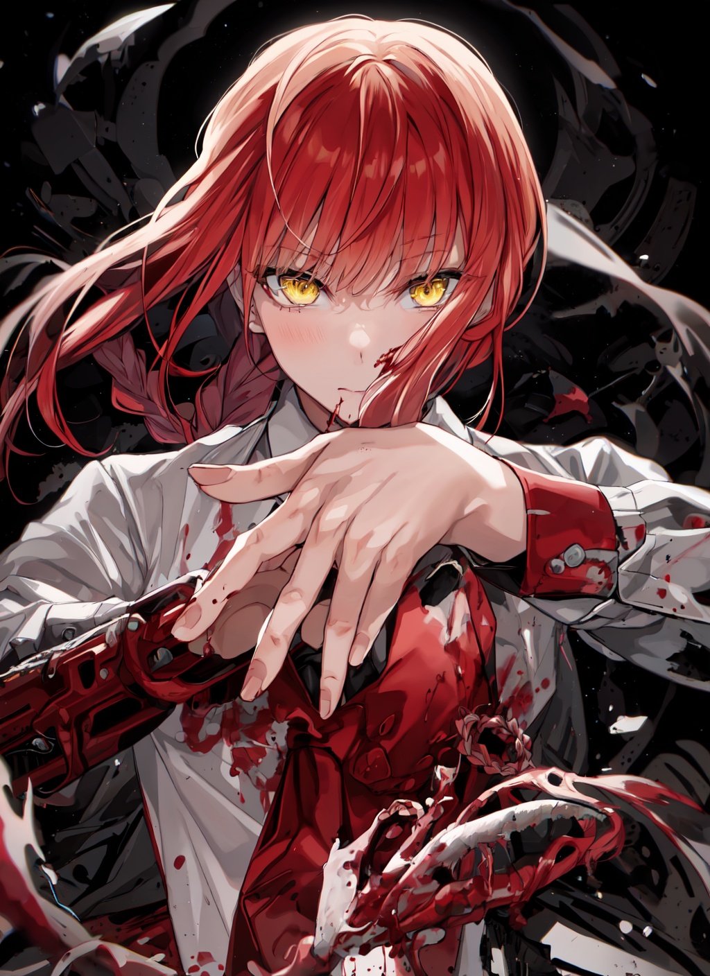 1girl, makima (chainsaw man), necktie, solo, shirt, red hair, black necktie, braid, white shirt, ringed eyes, collared shirt, blood, yellow eyes, braided ponytail, bangs, long sleeves, black background, own hands together, upper body, long hair, closed mouth, simple background, blood splatter, looking down