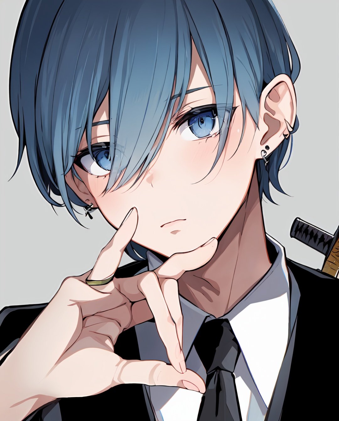  1boy, solo, male focus, blue eyes, black necktie, necktie, jewelry, earrings, shirt, hayakawa aki, formal, weapon, suit, sword, white shirt, weapon on back, looking at viewer, simple background, short hair, collared shirt, black jacket, jacket, stud earrings, black hair, hair between eyes, white background, grey background, blue hair, bangs, katana, portrait, black suit