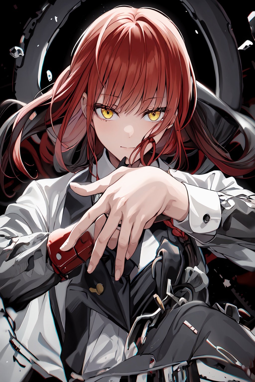  1girl,makima (chainsaw man),necktie,solo,shirt,red hair,black necktie,braid,white shirt,ringed eyes,collared shirt,yellow eyes,braided ponytail,bangs,long sleeves,black background,own hands together,upper body,long hair,closed mouth,simple background,looking down,