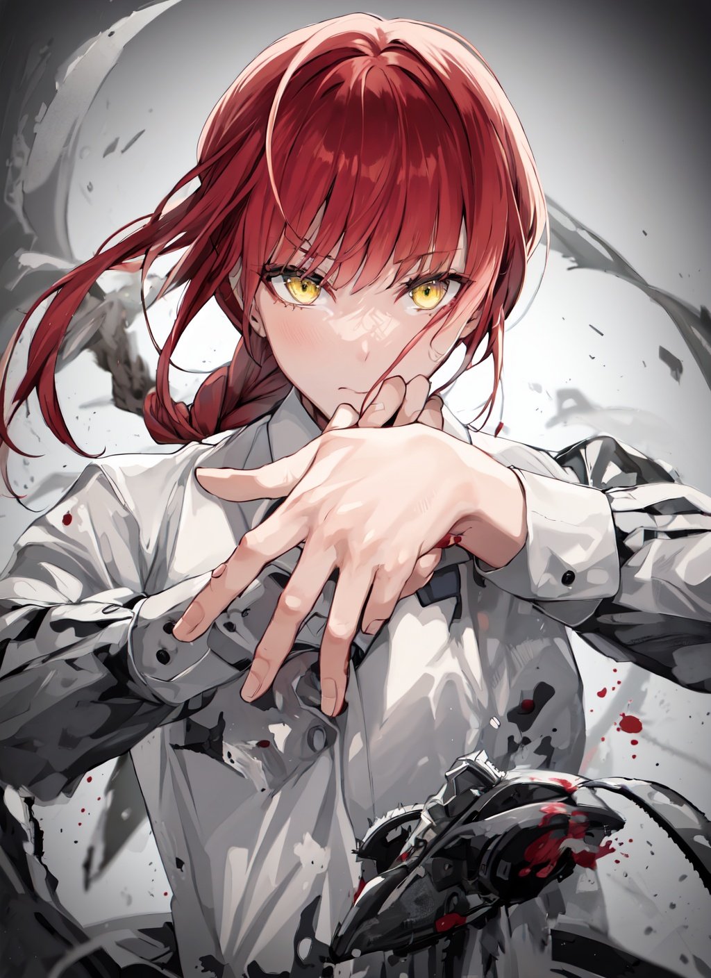 1girl,makima (chainsaw man),necktie,solo,shirt,red hair,black necktie,braid,white shirt,ringed eyes,collared shirt,yellow eyes,braided ponytail,bangs,long sleeves,black background,own hands together,upper body,long hair,closed mouth,simple background,blood splatter,looking down,