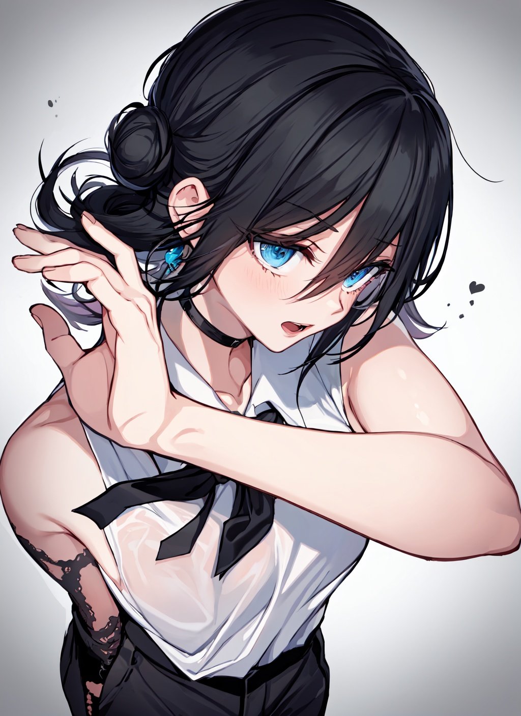 1girl,solo,reze (chainsaw man),shirt,ribbon,black hair,choker,white shirt,hair between eyes,sleeveless,black choker,collared shirt,shirt tucked in,blue eyes,sleeveless shirt,shorts,breasts,medium hair,hair bun,neck ribbon,black shorts,bare shoulders,black ribbon,single hair bun,open mouth,eyelashes,medium breasts,parted lips,