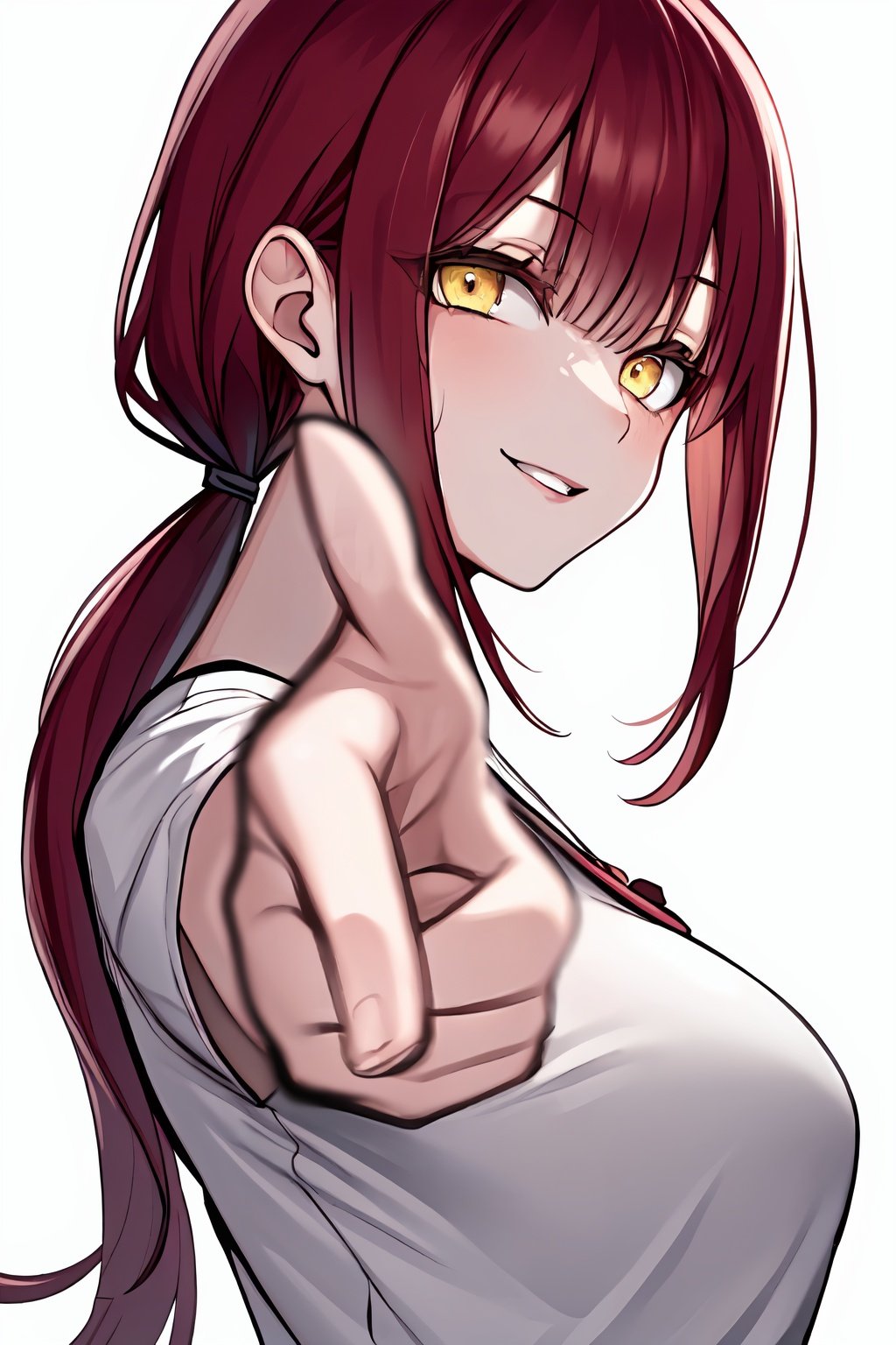 1girl,solo,looking at viewer,red hair,white background,shirt,makima (chainsaw man),breasts,simple background,white shirt,long hair,ringed eyes,smile,ponytail,pointing,upper body,bangs,yellow eyes,pointing at viewer,sidelocks,low ponytail,parted lips,large breasts,medium breasts,from side,