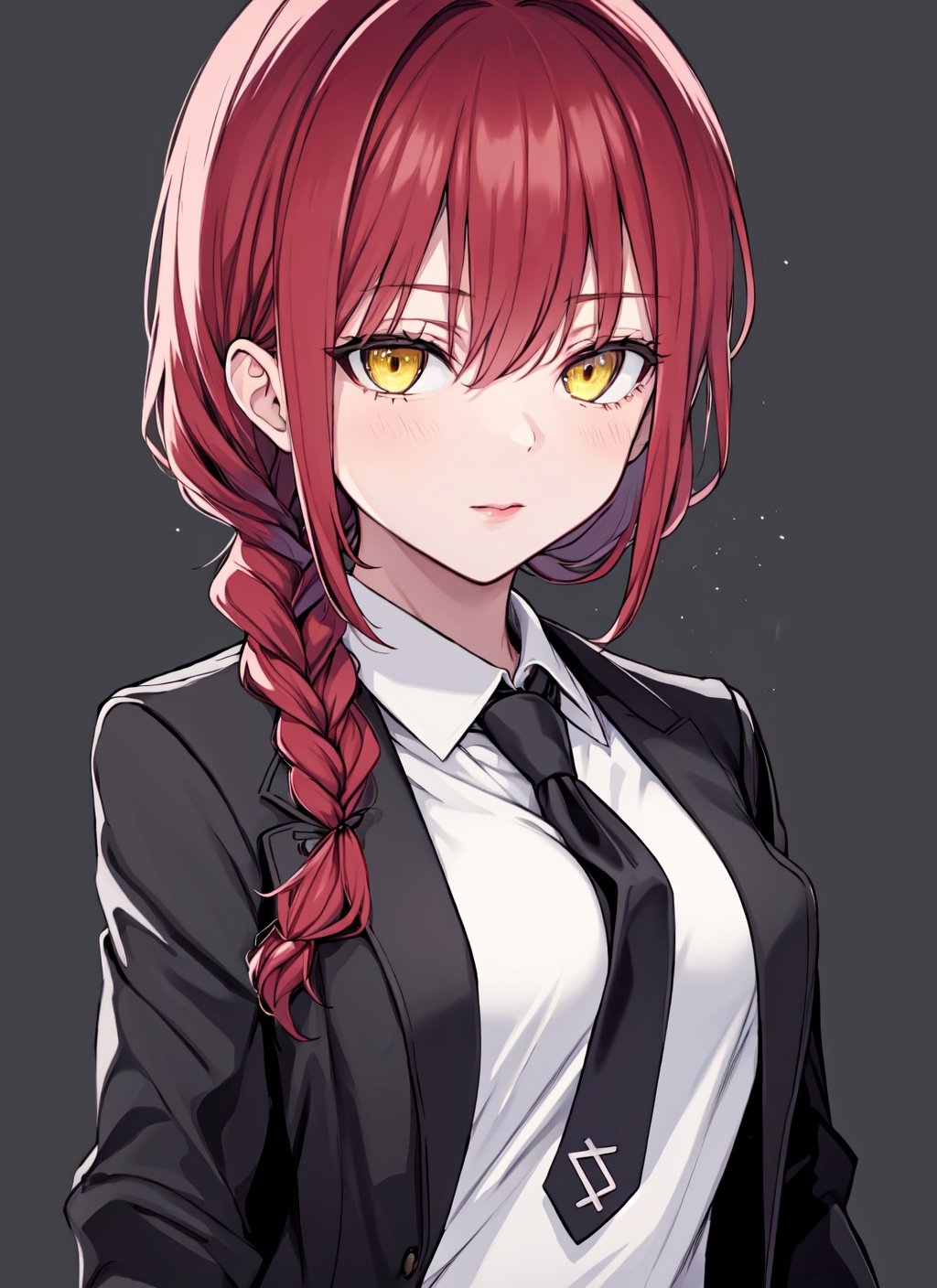 1girl,makima (chainsaw man),solo,ringed eyes,necktie,braid,shirt,red hair,yellow eyes,collared shirt,looking at viewer,black necktie,white shirt,formal,braided ponytail,bangs,suit,black background,jacket,sidelocks,simple background,upper body,long hair,black jacket,closed mouth,breasts,medium breasts,lips,