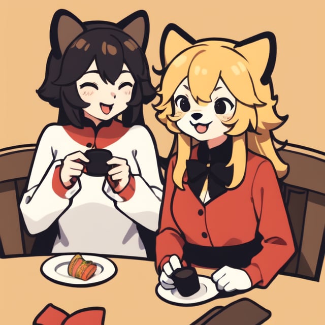 2 girls, anthro, furry, smile, hold party poppers, table, dinner