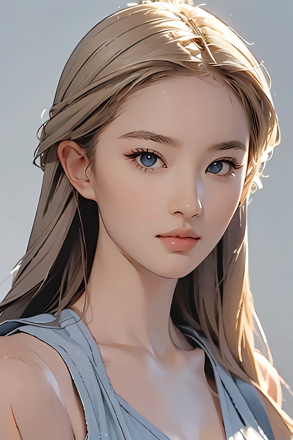  (8k, best quality, masterpiece, ), ultra detailed illustration, extremely detailed face, RAW photo, film grain, skin pores, warm light, cleavage, 1girl, solo, realistic, sky blue eyes, long hair, looking at viewer, lips, simple background, grey background, full shot, blonde hair, hair, tank top, closed mouth, nose