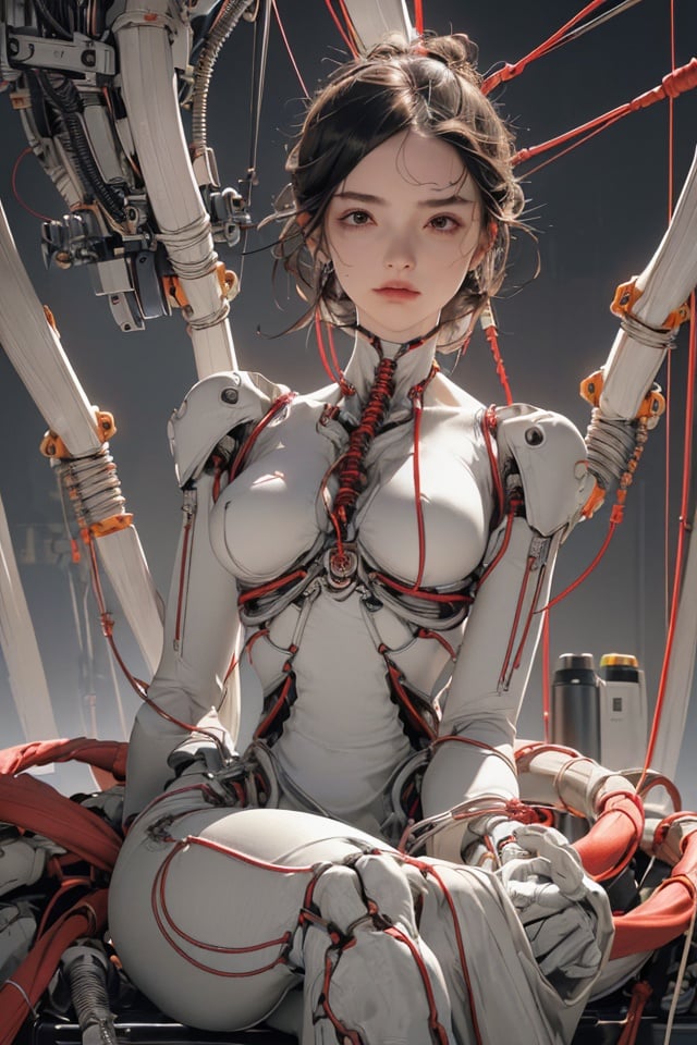  (absurdres, highres, ultra detailed), 1woman, solo, mature, cinematic light,(machine made joints:1.2),((machanical limbs)),(vessels connected to tubes),(mechanical vertebra attaching to back),((mechanical cervial attaching to neck)),(sitting),expressionless,(wires and cables attaching to neck:1.2),(wires and cables on head:1.2)(character focus),science fiction