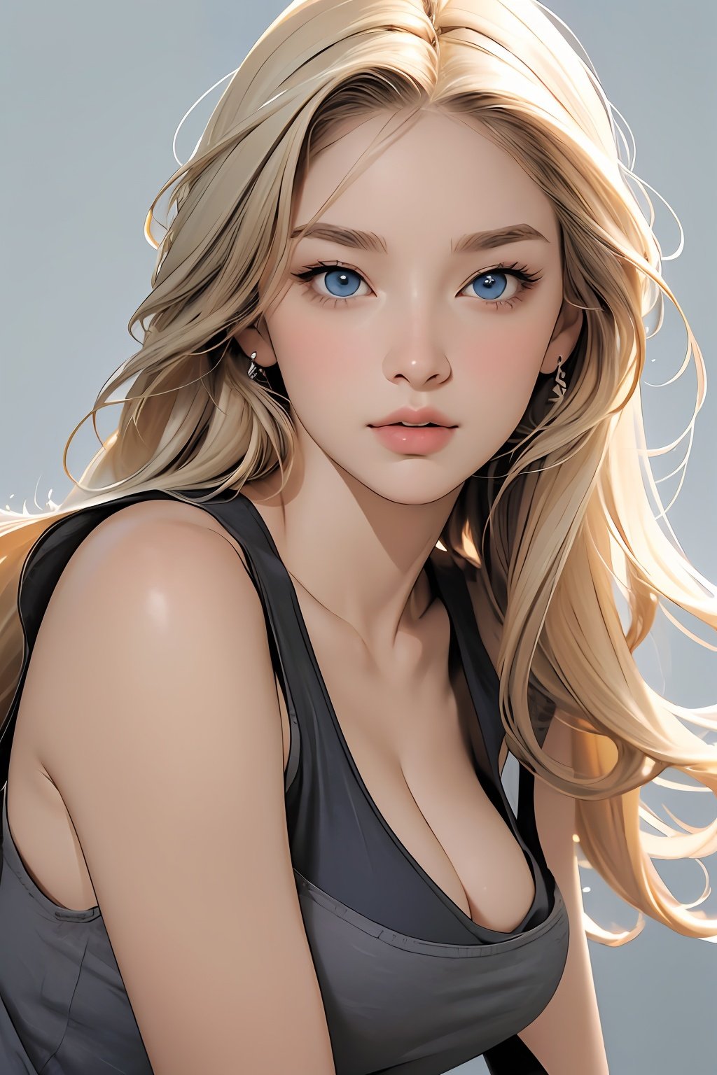  (8k, best quality, masterpiece, ), ultra detailed illustration, extremely detailed face, RAW photo, film grain, skin pores, warm light, cleavage, 1girl, solo, realistic, sky blue eyes, long hair, looking at viewer, lips, simple background, grey background, full shot, blonde hair, hair, tank top, closed mouth, nose