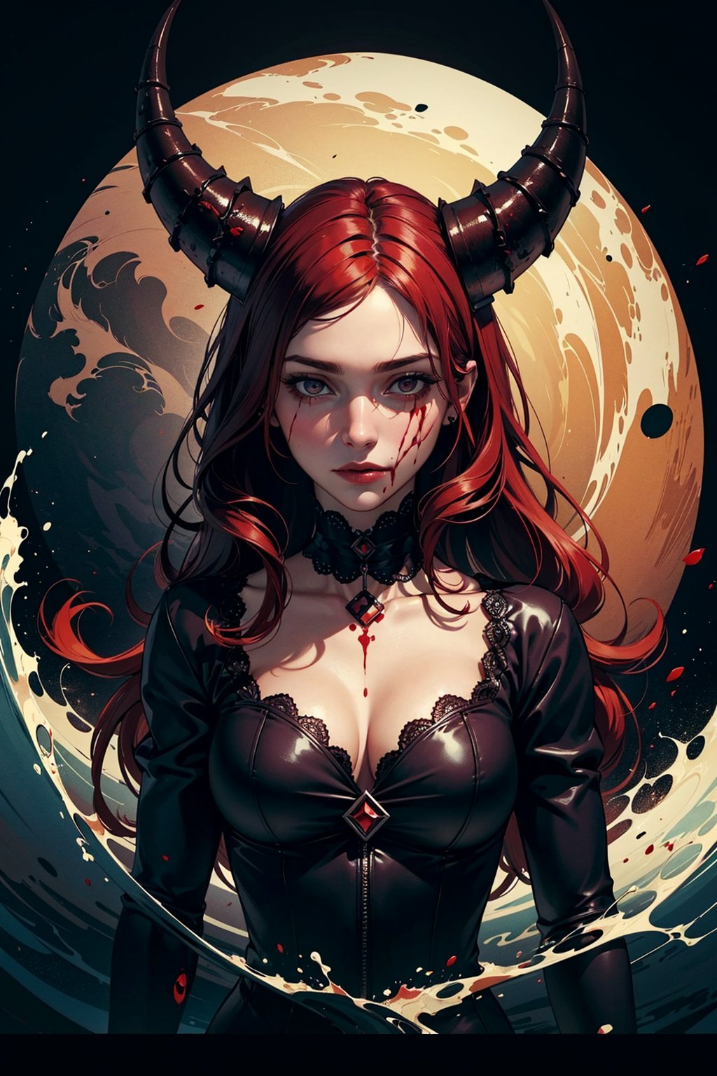 ((high_quality, masterpiece, great artwork)) dark, black_background,  
1girl:2, upper_body, red_hair, demon, hell, horns, waves, swirls, blood,