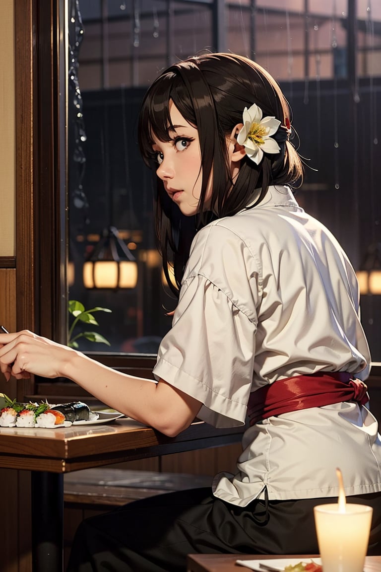 Japanese restaurant, A girl sits at a dining table playing with her phone,Lights came from behind, Flower tea on the table ,sushi,It was raining outside the window.

,anime style