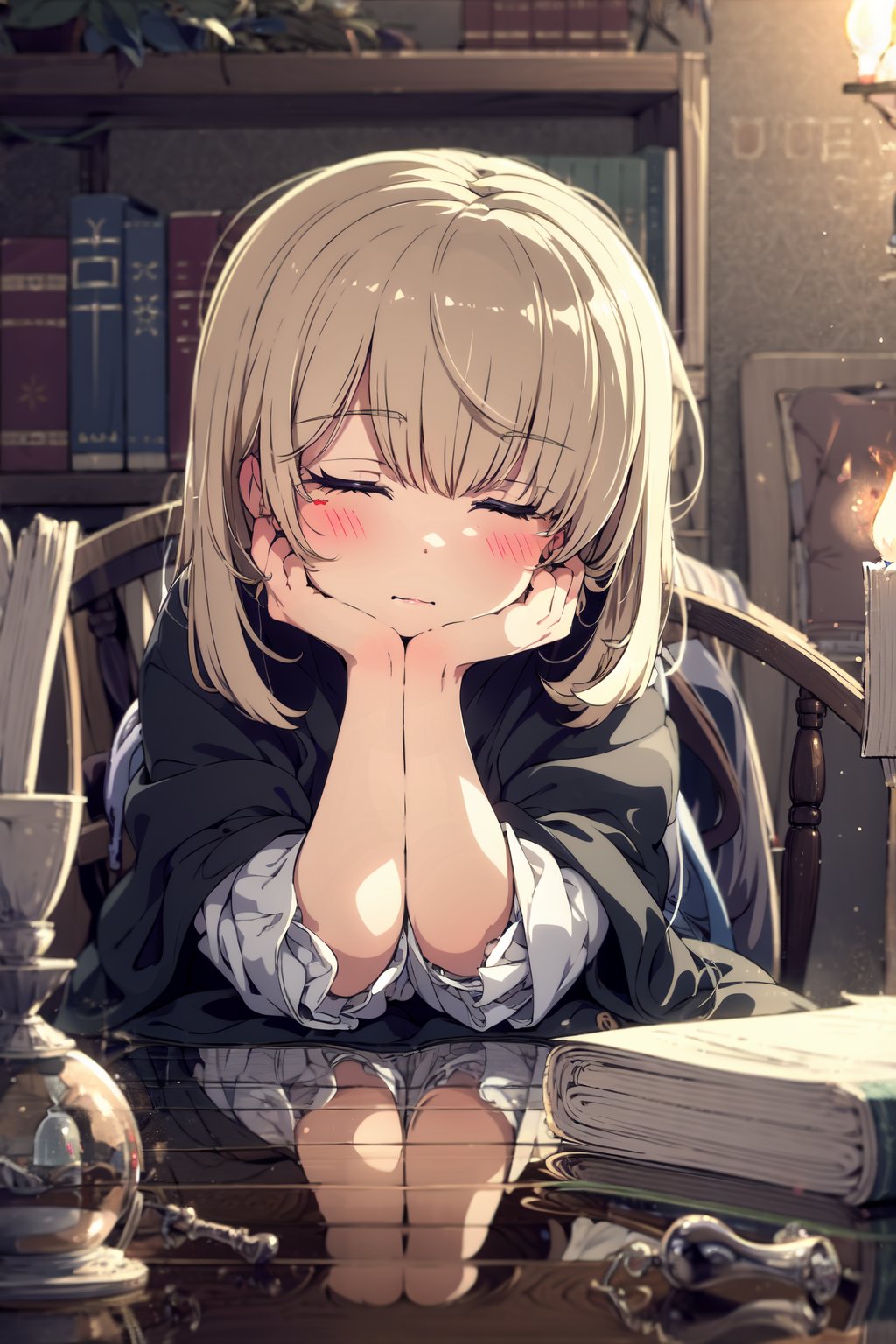 extremely detailed CG unity 8k wallpaper,  masterpiece,  best quality,  ultra-detailed,  an extremely delicate and beautiful,  night,  dark,  dim candlelight,  candle,  messy study room,  many books,  grimoire,  book stock,  magic girl,  (sleepy),  head rest,  black robe,  vase,  finely detail, ,  masterpiece,  best quality, （detailed eyes:1.5)