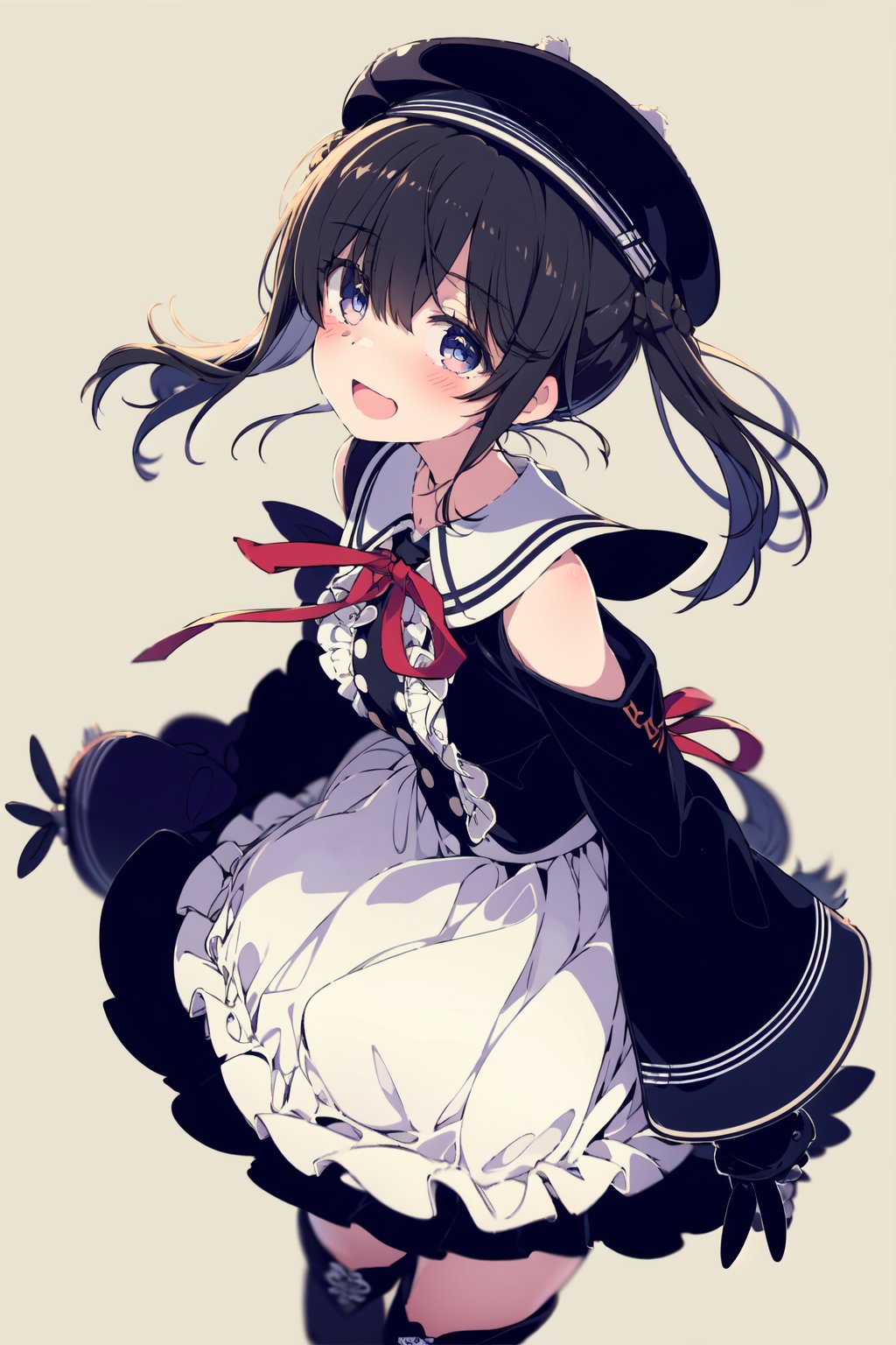1girl,  dress,  double bun,  hair bun,  long hair,  black dress,  twintails,  looking at viewer,  smile,  hat,  bangs,  brown hair,  white background,  solo,  open mouth,  blush,  black headwear,  very long hair,  garter straps,  thighhighs,  bare shoulders,  beret,  :d,  ribbon,  black gloves,  simple background,  long sleeves,  nail polish,  black footwear,  red ribbon,  bow,  gloves,  wide sleeves,  animal,  hair ribbon,  boots,  red nails,  sheath,  sheathed,  hair between eyes