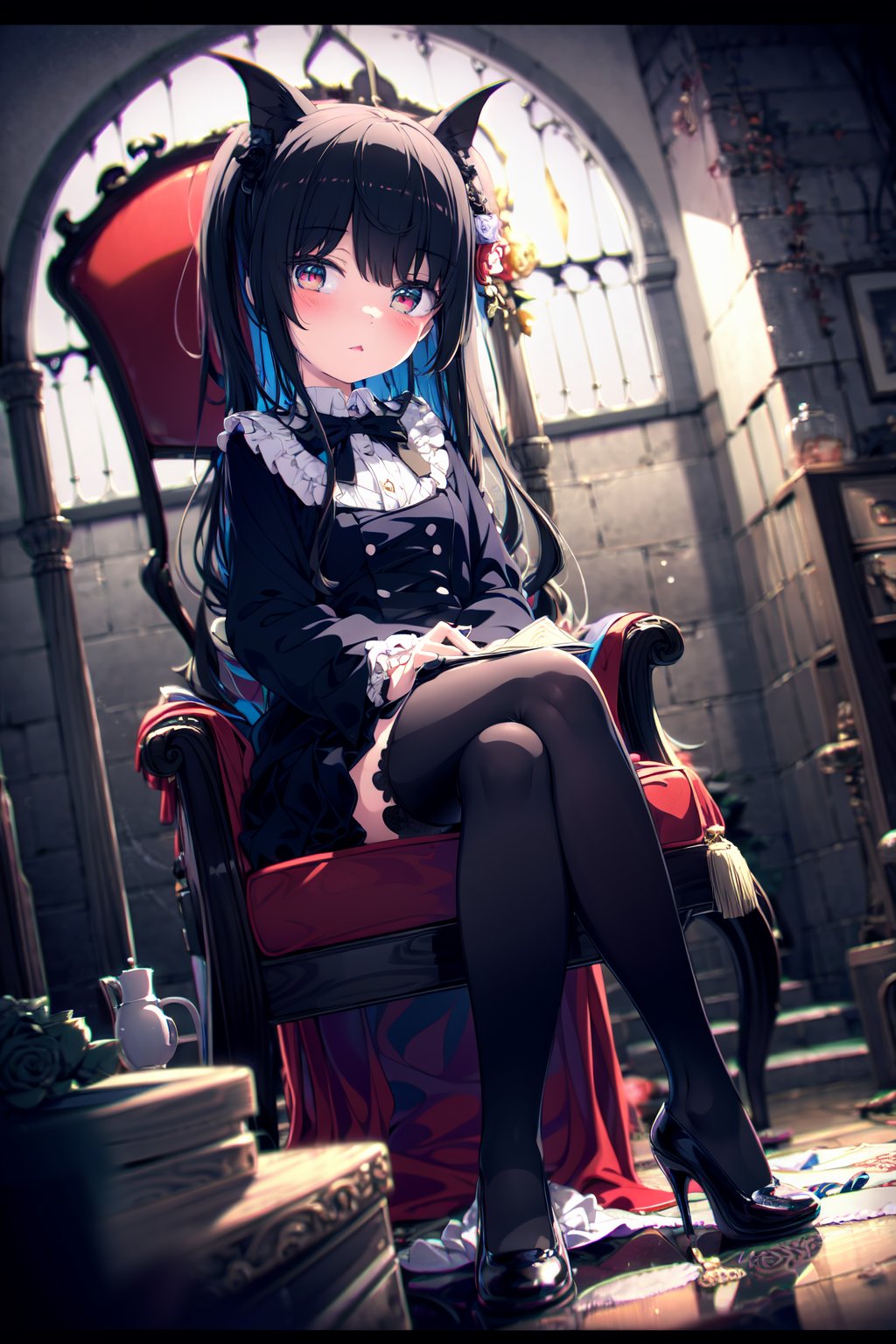 an extremely delicate and beautiful girl,  dynamic angle,  chromatic aberration,  ((colorful)), //, 1girls, loli, (petite child:1.1), //, (in Gothic castle), girl with black hair, red eyes, Vertical pupil, long hair, hair arrangement, (Detailed face description), (batwing), (Gothic Lolita), (bat tail), alccandlestick, Cathedral glass, , short skirt, black pantyhose, red lace, high heels, rose tattoo, throne, sitting, crossed legs, //, （detailed eyes:1.5)