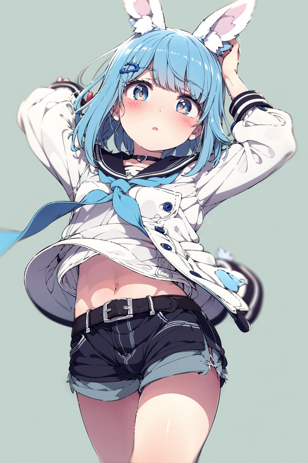 1girl, usada pekora, solo, virtual youtuber, food-themed hair ornament, jacket, carrot hair ornament, arms up, hair ornament, ribbon, blue background, hair ribbon, blue hair, fur trim, thick eyebrows, blue jacket, neckerchief, long sleeves, rabbit ears, short hair, dress, white dress, open mouth, bangs, open jacket, belt, open clothes, blue ribbon, blue neckerchief, official alternate hairstyle, choker, simple background, fur-trimmed jacket, sailor collar, official alternate hair length, animal ears, orange eyes, white choker, official alternate costume, two side up, white hair, white belt, short eyebrows, multicolored hair, denim jacket, cowboy shot, white sailor collar, :o, bunny-shaped pupils, collar, standing, , (detailed eyes:1.5)