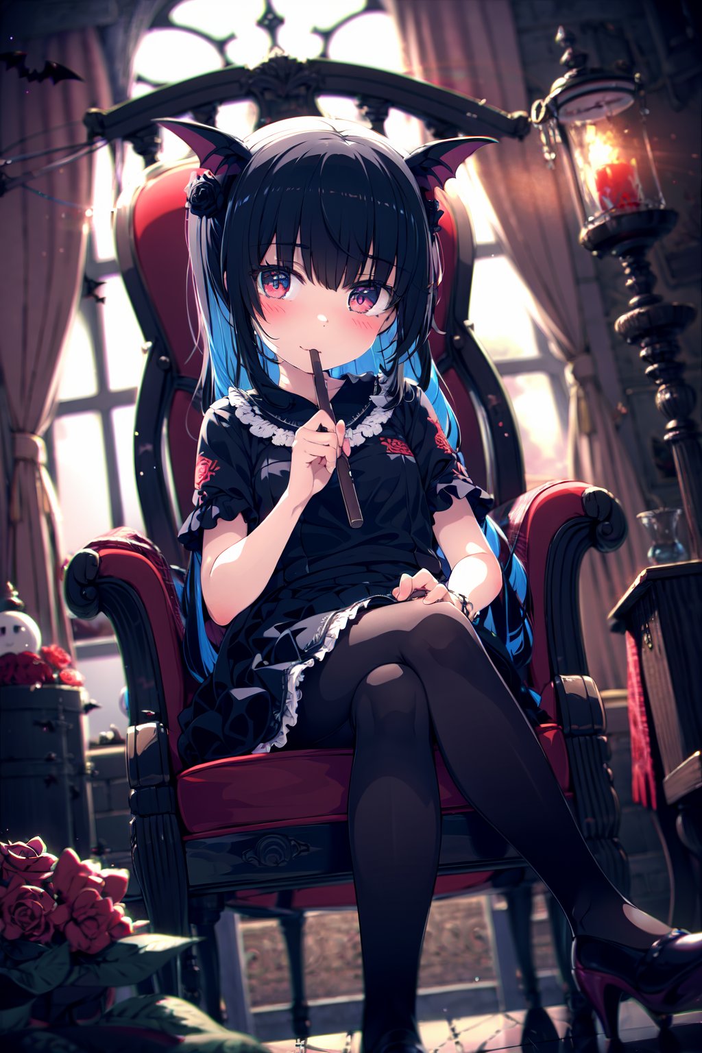 an extremely delicate and beautiful girl,  dynamic angle,  chromatic aberration,  ((colorful)), //, 1girls, loli, (petite child:1.1), //, (in Gothic castle), girl with black hair, red eyes, Vertical pupil, long hair, hair arrangement, (Detailed face description), (batwing), (Gothic Lolita), (bat tail), alccandlestick, Cathedral glass, , short skirt, black pantyhose, red lace, high heels, rose tattoo, throne, sitting, crossed legs, //, （detailed eyes:1.5)