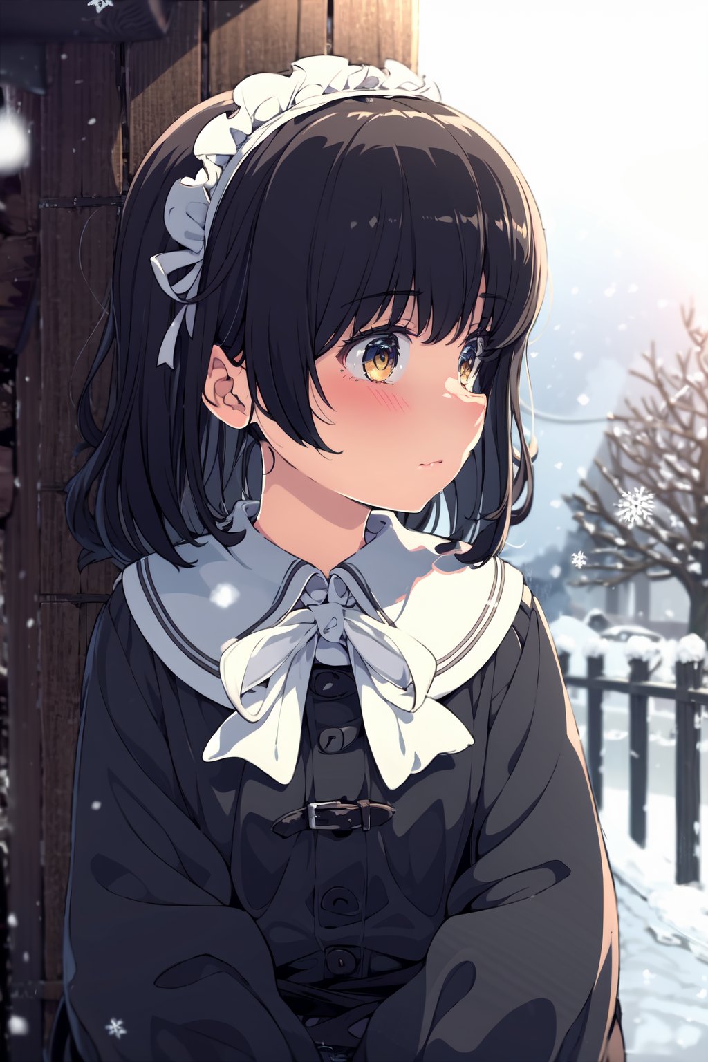 1girl,  maid headdress,  solo,  weapon,  gun,  gloves,  apron,  holding,  maid,  brown hair,  tree,  short hair,  holding weapon,  holding gun,  black gloves,  rifle,  jacket,  snow,  maid apron,  outdoors,  dress,  white jacket,  snowing,  brown eyes,  yellow eyes,  closed mouth,  bow,  long sleeves,  white bow,  bowtie,  bangs,  ribbon,  black dress,  bare tree,  expressionless,  coat,  looking away,  white apron, (detailed eyes:1.5)