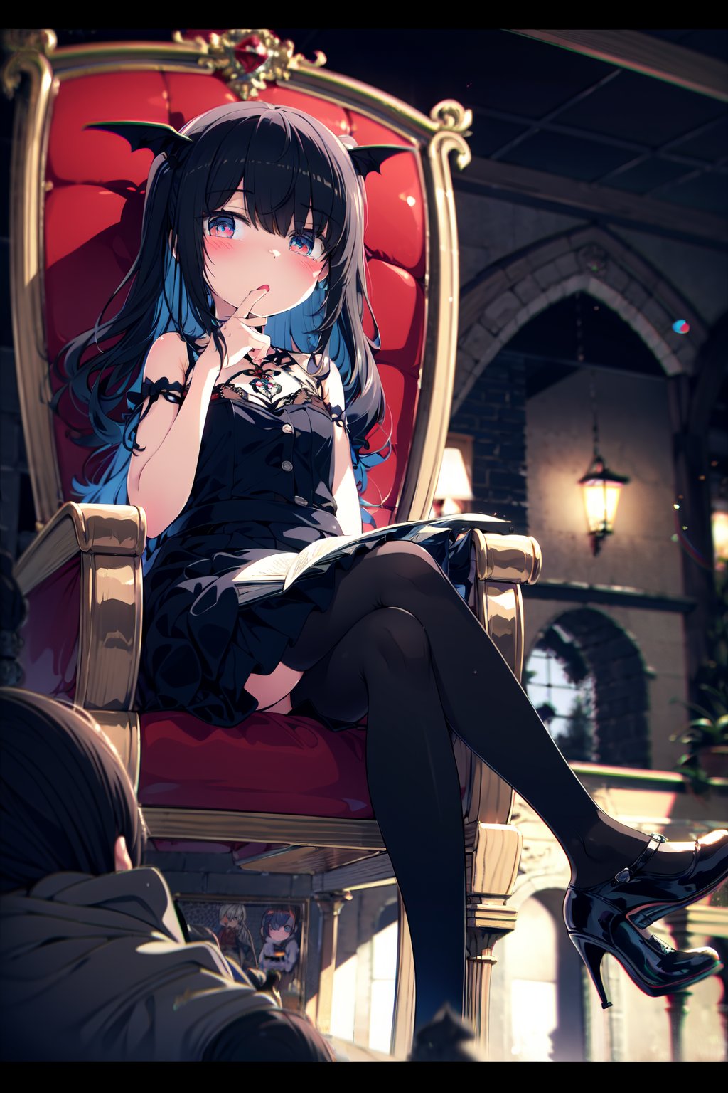 an extremely delicate and beautiful girl,  dynamic angle,  chromatic aberration,  ((colorful)), //, 1girls, loli, (petite child:1.1), //, (in Gothic castle), girl with black hair, red eyes, Vertical pupil, long hair, hair arrangement, (Detailed face description), (batwing), (Gothic Lolita), (bat tail), alccandlestick, Cathedral glass, , short skirt, black pantyhose, red lace, high heels, rose tattoo, throne, sitting, crossed legs, //, （detailed eyes:1.5)