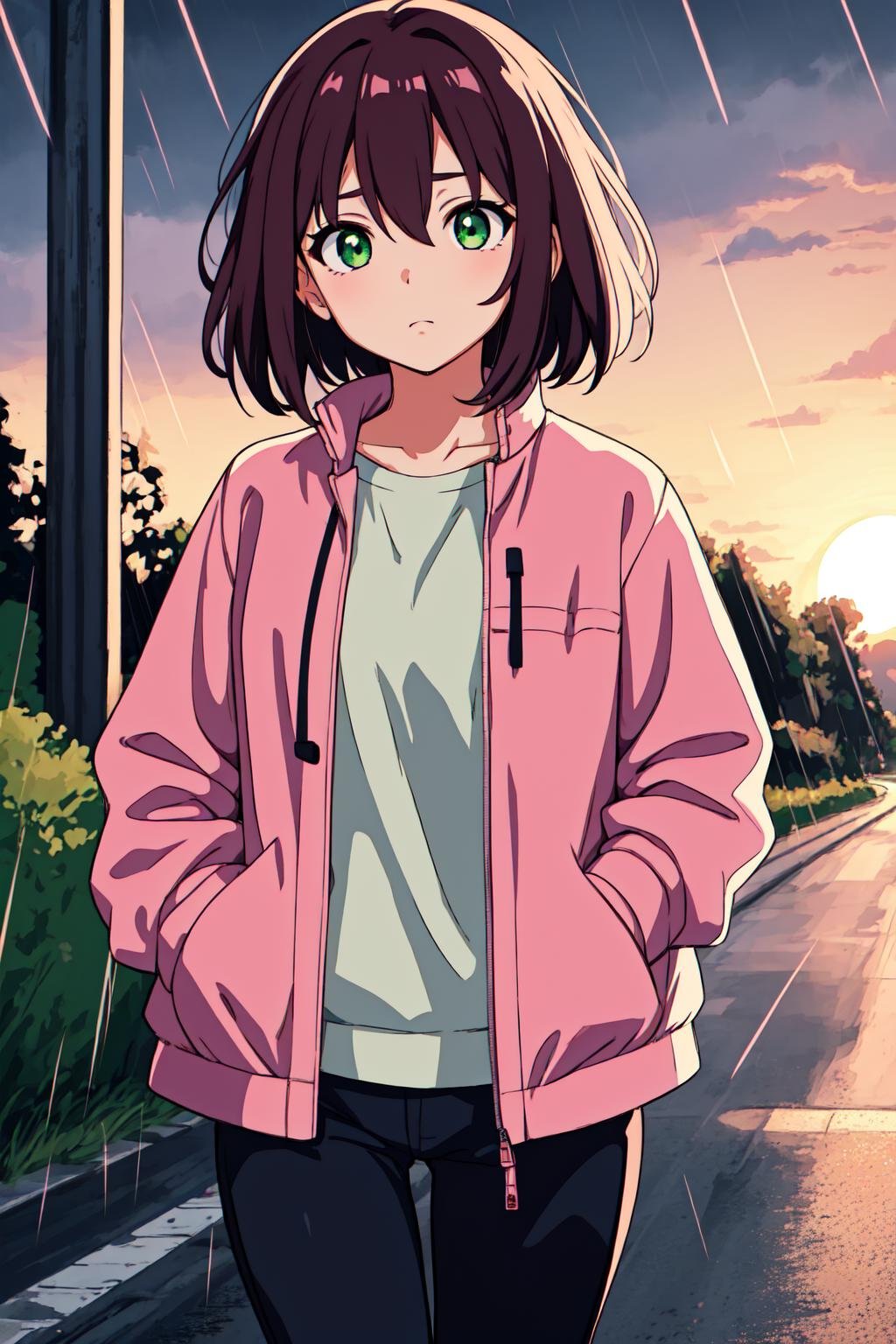 masterpiece, best quality ,1girl, cowboy shot, green eyes, hands in pockets, up close, wearing a pink jacket and dark pants, rainy day, medium hair, walking in a country road at sunset,