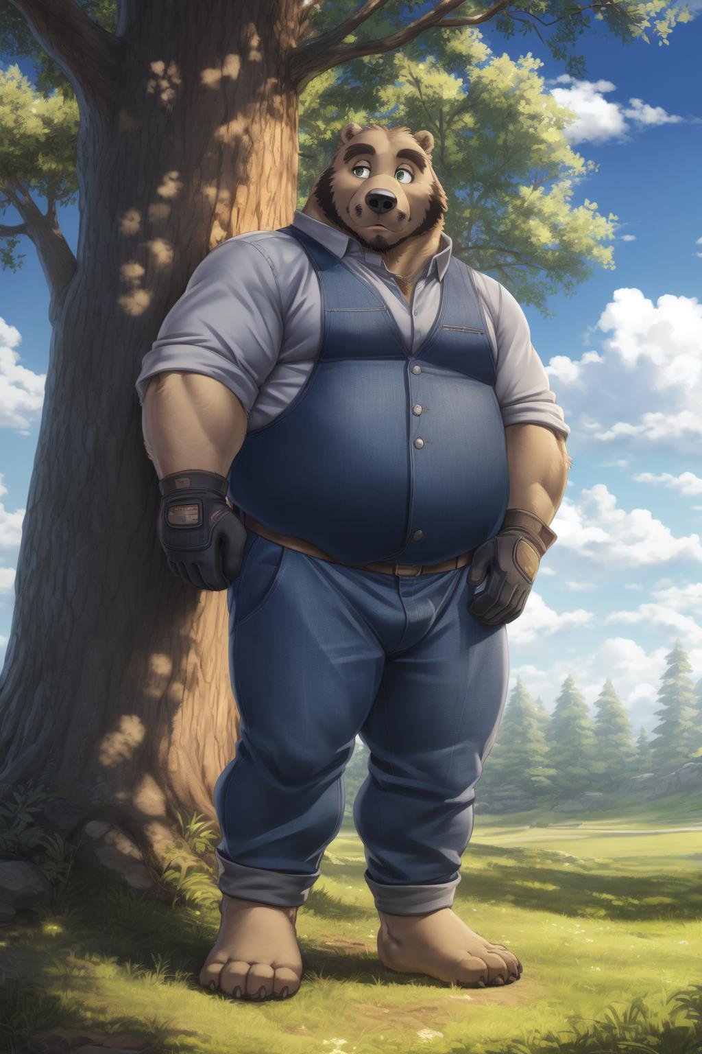 <lora:tom-07:1>, tomsan, male focus, bear, plump, green eyes, (pose:1.3), (posing:1.3), (soft shading), 4k, hi res, five fingers, detailed hands, ((detailed face, (detailed eyes:1.3), detailed)), (full body), by zackarry911, by zaush, (by personalami:0.5), solo, short hair, gloves, 1boy, male focus, thighs, outdoors, sky, day, black gloves, pants, cloud, from side, tree, feet out of frame, thick thighs, grass, sleeves rolled up, bulge, blue pants, bear tail, mechanic clothes