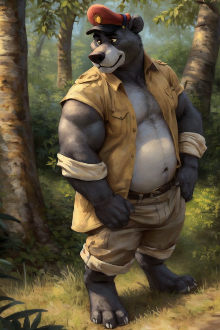 baloo, male, solo, bear, chubby, forest, paws, claws, by personalami, by honovy, black body, {front view|hindquarters, rear view}, {nude, safe|partially clothed, topwear only, yellow topwear, jacket, headgear, hat}BREAK,by bruteandbrawn, by personalami, by kenket, (intricate, high detail, film photography, soft focus, RAW candid cinema,photorealism, realistic, photorealistic, analog style, subsurface scattering,masterpiece, best quality, ultra realistic, 8k)