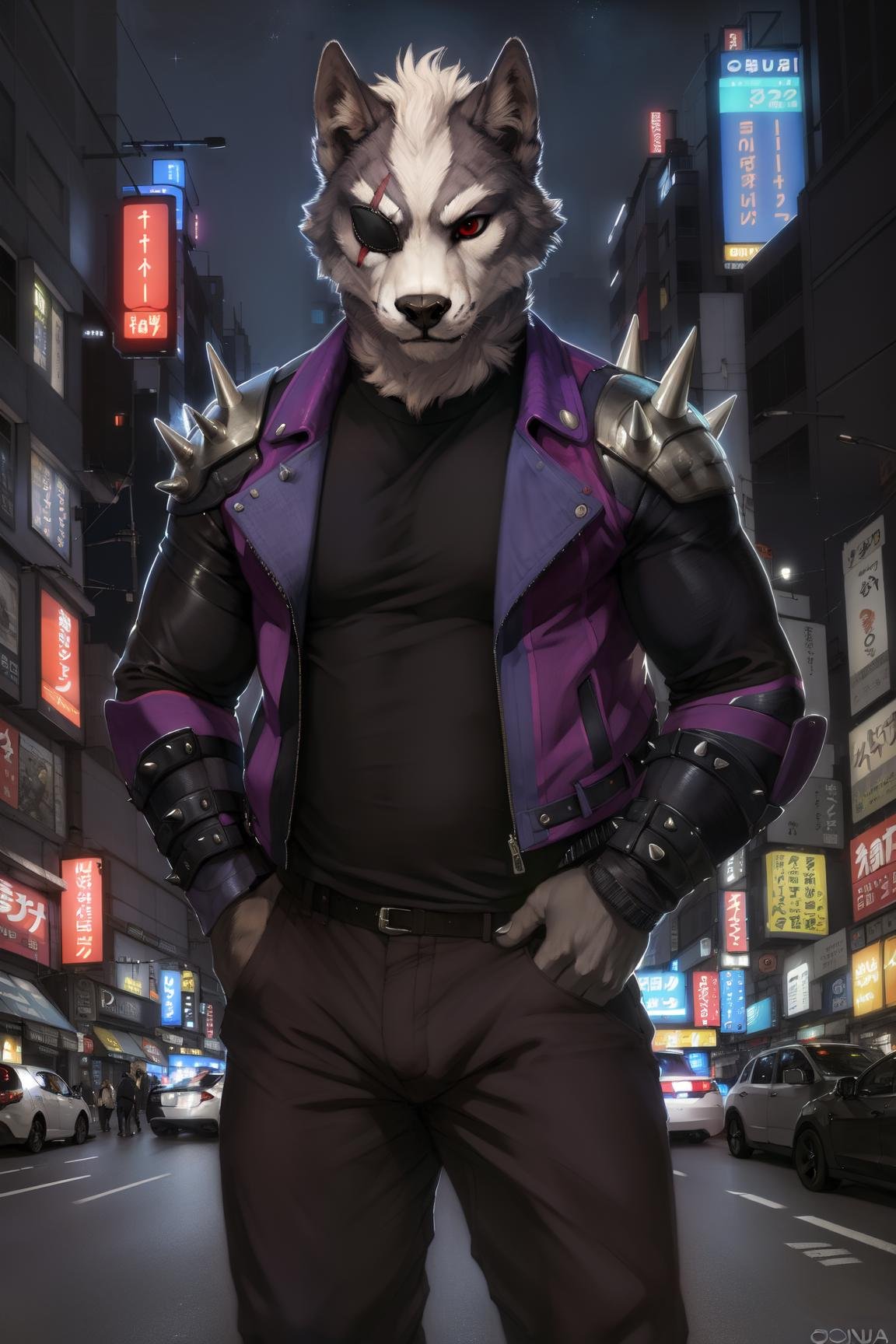 (by oouna, by honovy) male, lion, felid, solo, wearing jacket, eyepatch, red eyes, grey body, scar, wolf o'donnell, purple clothing, spikes, armor, colar, fancy, black shirt, night, city, tokyo, street, akihabara, neon lights